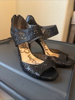 Sam Edelman Black Laser-Cut Open-Toe Ankle Strap Heels
